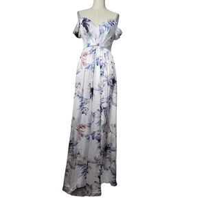 NWOT Bariano Shelley Floral Off-Shoulder Maxi Slit White Blue Dress XS